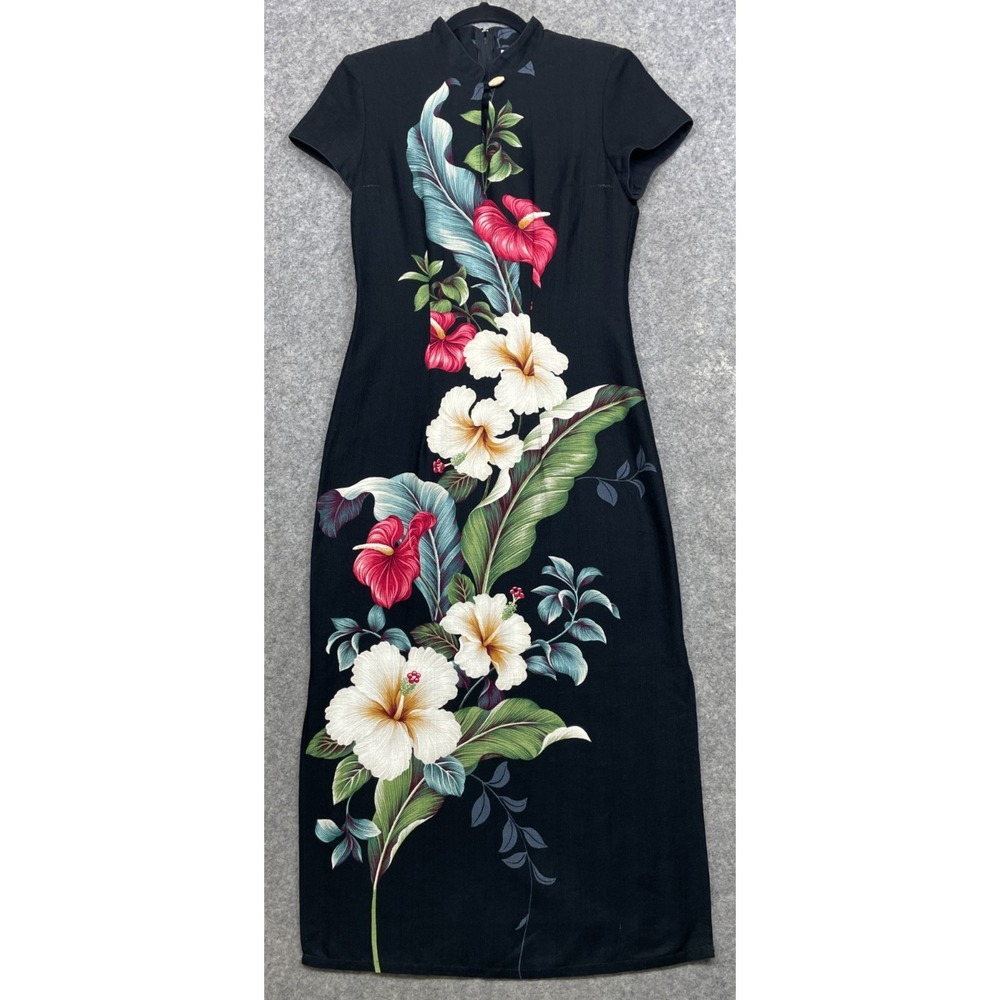 Vintage Liberty House Young Hawaii Dress Womens S Black Hawaiian Maxi Floral